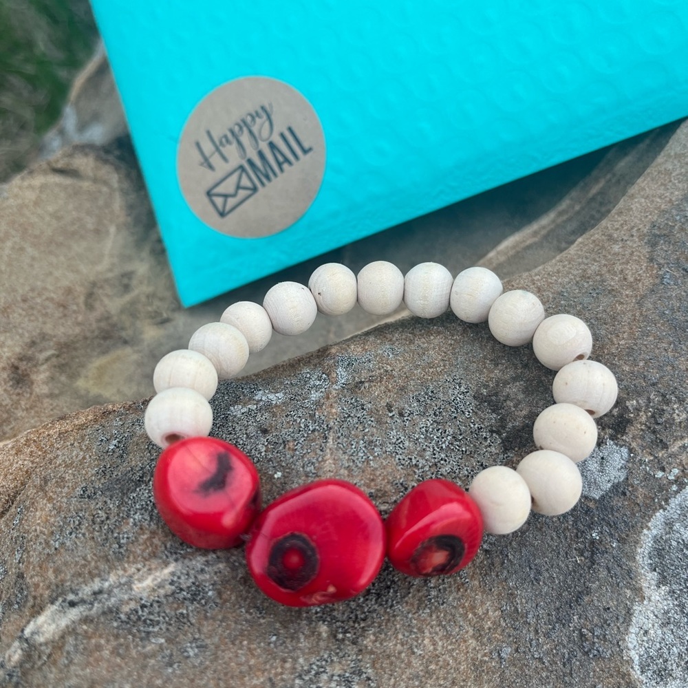 NEW Coral + Wooden Bead Bracelet